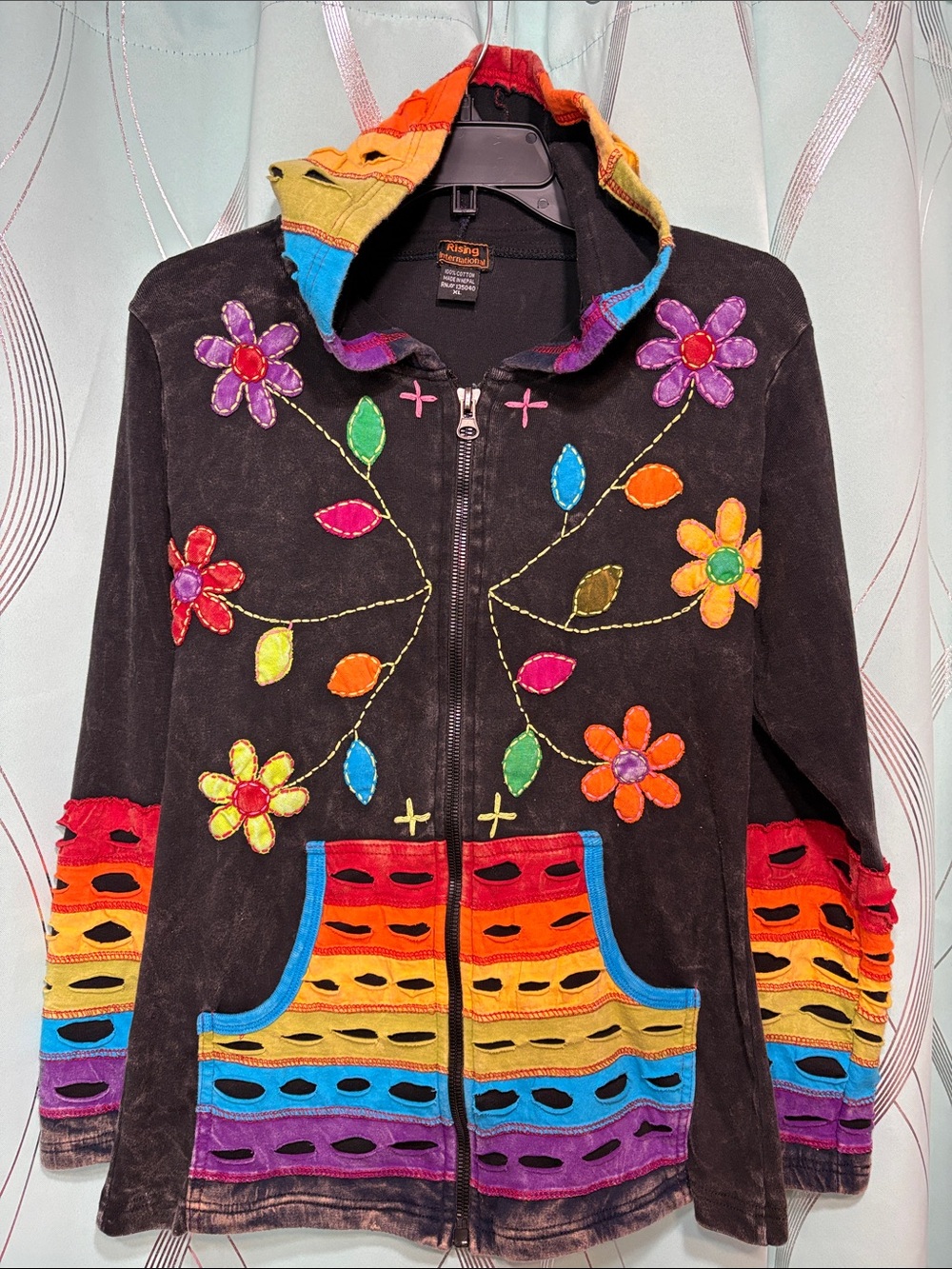 Rising International Black Zip Hoodie Jacket with Rainbow Floral Appliqué